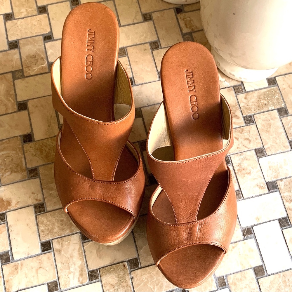Jimmy Choo Tan Leather Espadrille Wedges - Picture 4 of 5